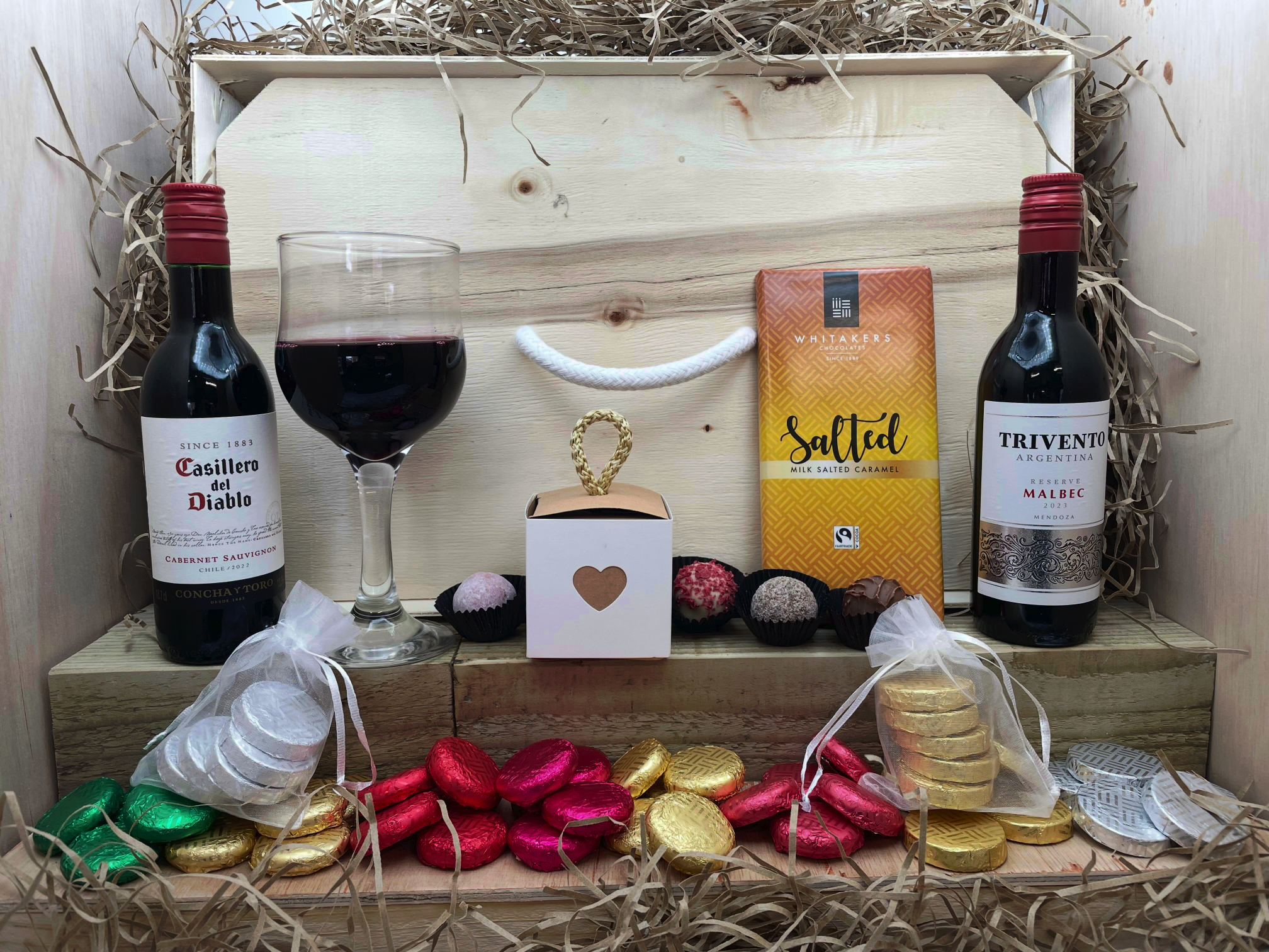 Assorted Chocolate Selection Box with Two Red Wines