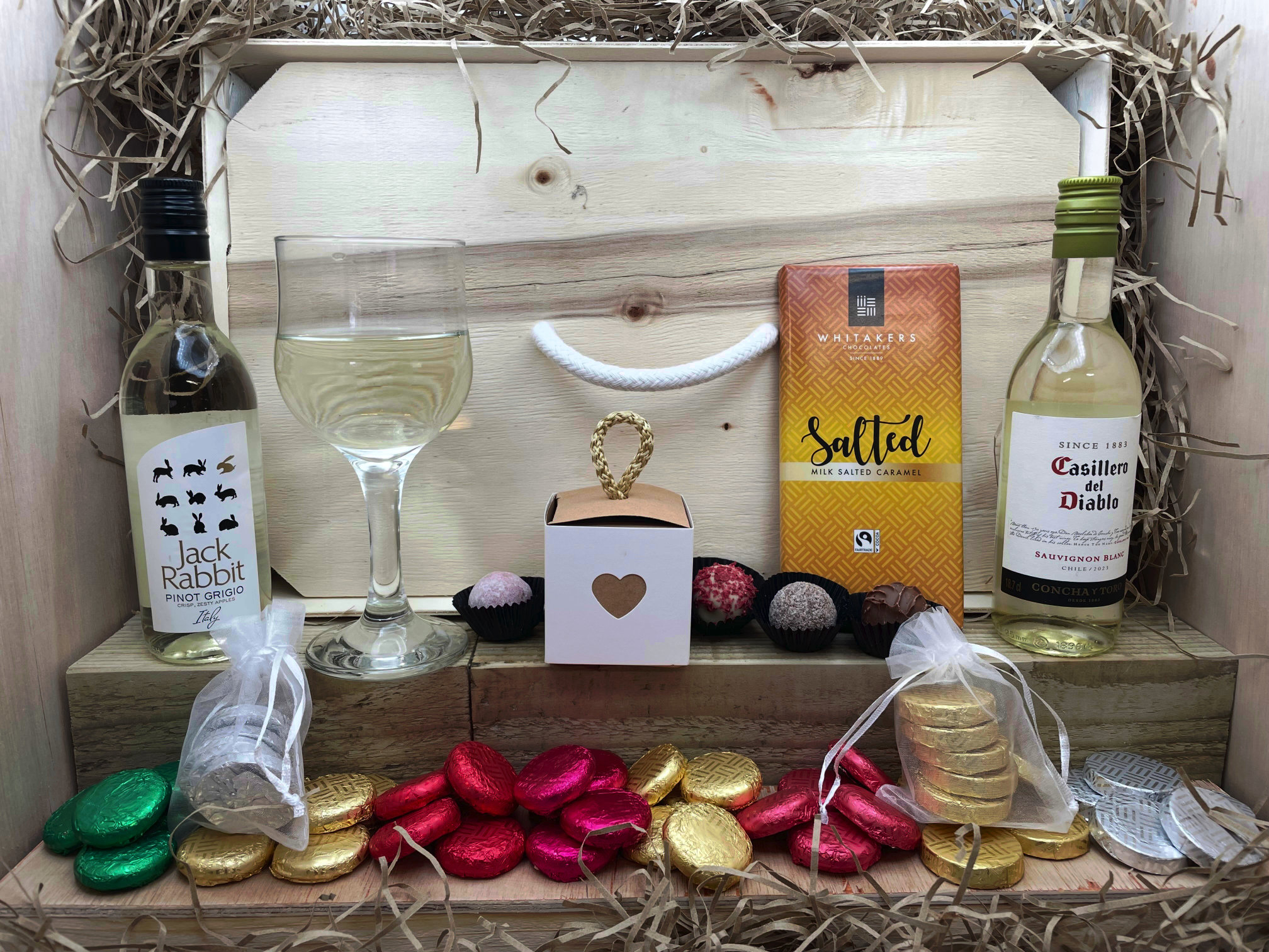 Assorted Chocolate Selection Box with Two White Wines